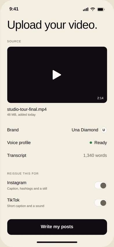App screen showing one uploaded video ready to be reissued