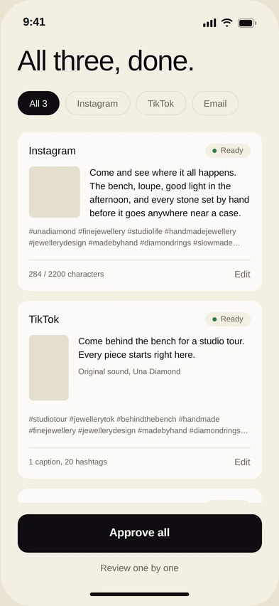 App screen showing finished Instagram, TikTok and email versions ready to approve
